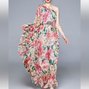 DALIA MACPHEE Multi Pink One Shoulder Floral Garden Ruffle Maxi Dress